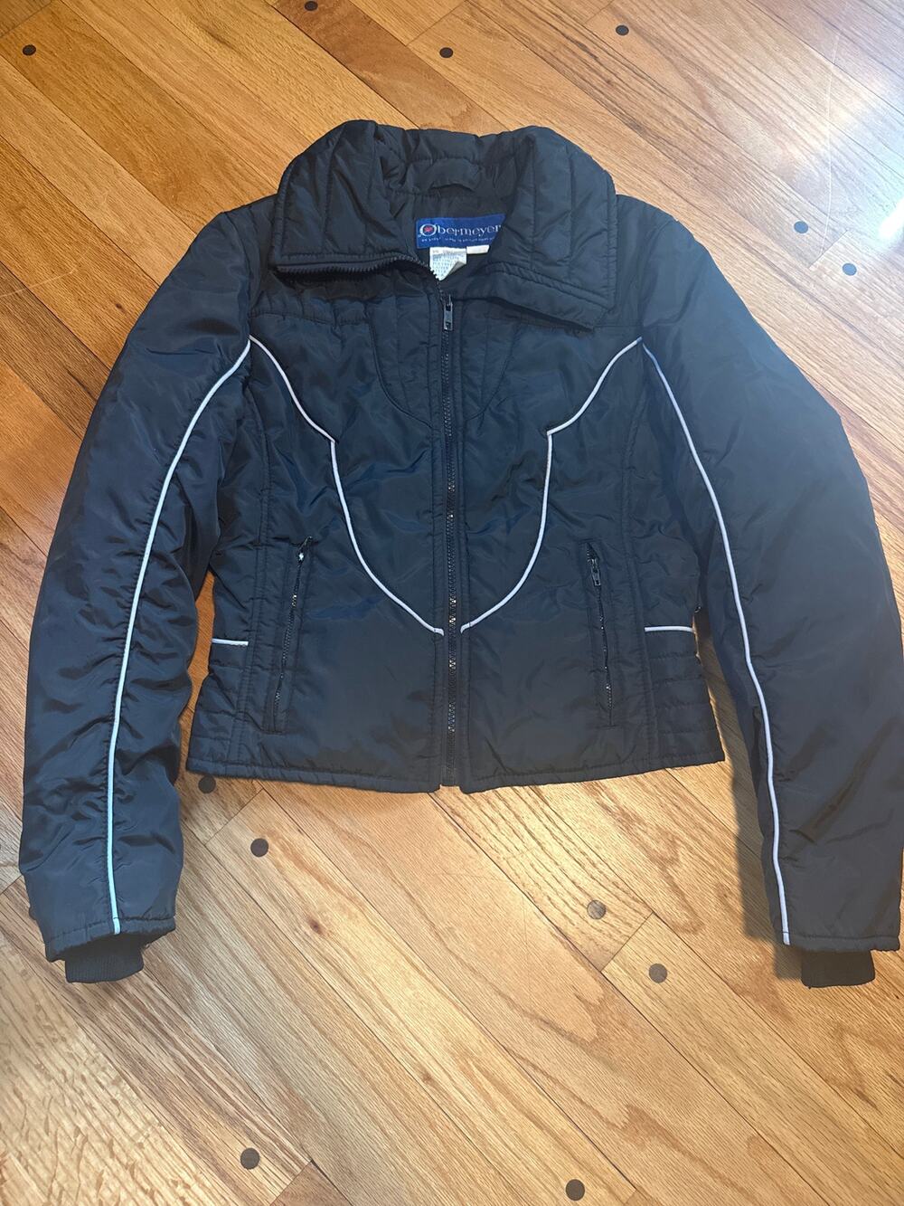 Vtg 1970s Obermeyer Ski Jacket Black White Piping Retro Ski Core Nylon Coat